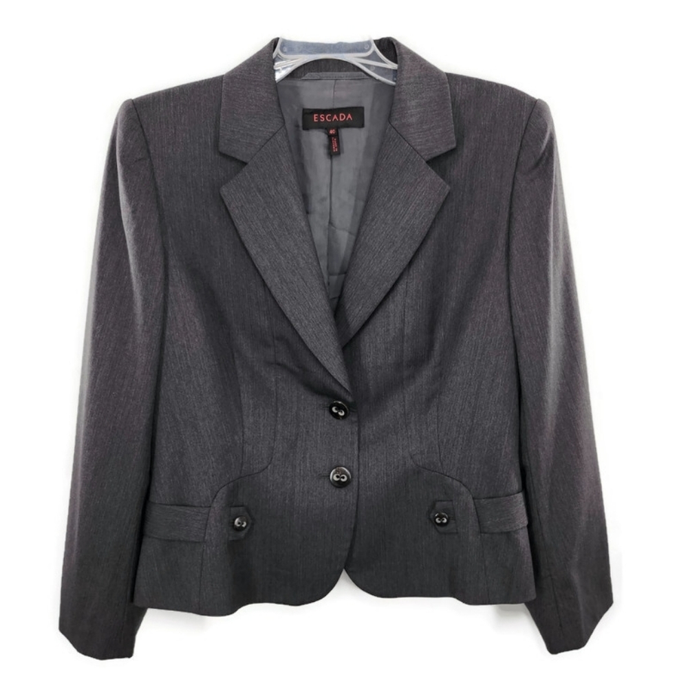 Escada Grey Silk & Virgin Wool Blend Herringbone Pattern 2 Button Fitted Blazer